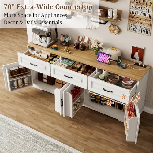 70” Large Sideboard Buffet Cabinet w/4 Doors,3 Drawers,Farmhouse Modern Kitchen Sideboard Cabinet w/8 Door Shelves,Wooden Coffee Bar Cabinets, Long Kitchen Buffet Table,Credenza for Dining Room,White