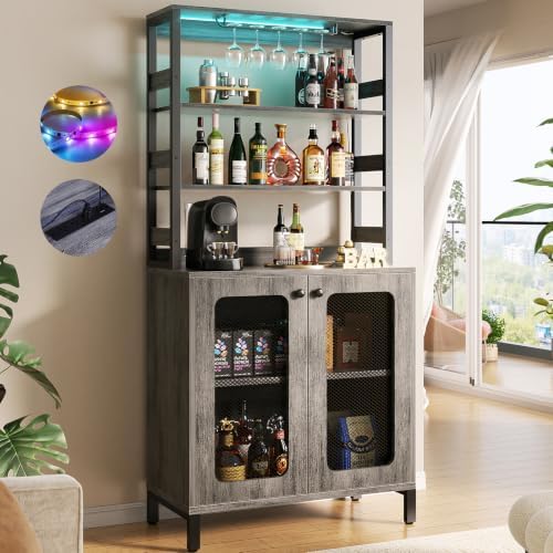 Aheaplus Bar Cabinet with Power Outlets,67" Tall Wine Bar Cabinet,White Oak