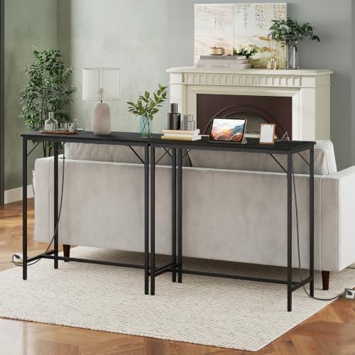 HOOBRO Bar Table with Charging Station, Rectangular Pub Table, High Top Coffee Table, Counter Bar Height Table, Narrow Long Dining Table, 35.4" L x 15.7" W x 35.6" H, Black BB90UBT01N1