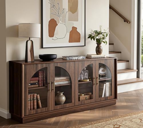 FORTUNETEC 64" Sideboard Buffet Cabinet with Arched Glass Doors,Dark Walnut