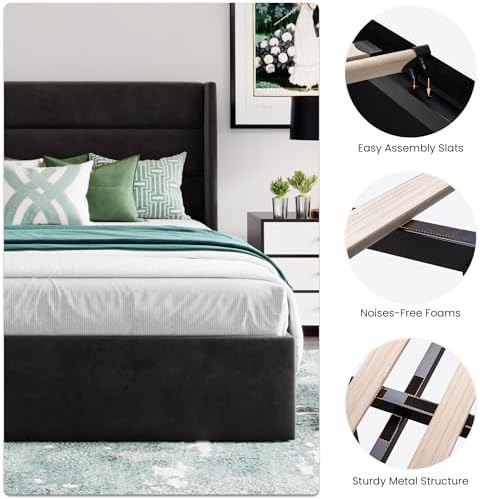 SHA CERLIN Queen Size Lift Up Hydraulic Storage Bed Frame Black