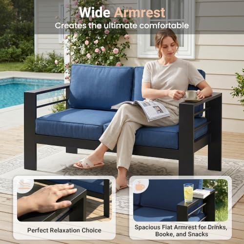 Solaste Aluminum Outdoor Patio Chairs Set of 2, Blue Patio Sofa Set