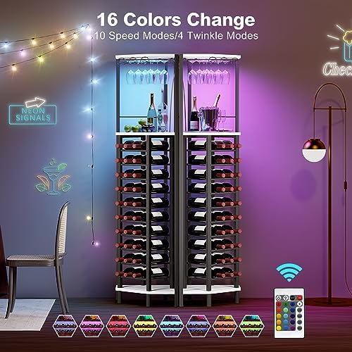 Homeiju Corner Wine Rack with Glass Holder and Led Strip Light, Corner Bar Wine Racks Freestanding Floor, Industrial Corner Bar Cabinet for Kitchen, Dining Room, Living Room or Cellar