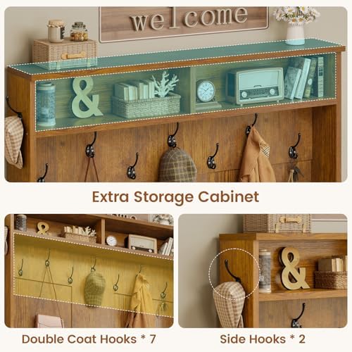 Itaar Hall Tree with Bench and Shoe Storage, 5-in-1 Entryway Bench with Coat Rack, 10 Shoe Cubbies & 9 Coat Hooks, Barn Door & Adjustable Shelf (Rustic Brown)