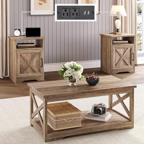 LUXOAK 3 Piece Living Room Table Set with Barn Door, Barnwood