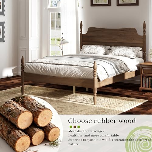 King Size Wood Platform Bed Frame with Tall Curved Headboard, Retro Four-Poster Spindle Bed with Solid Rubberwood Posts and Legs, No Box Spring Needed, Walnut Finish