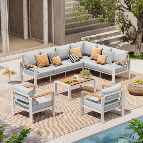 Aluminum Outdoor Patio Furniture Set, 8 Seats Patio Conversation Sets, Oversized Outdoor Sectional with Washable Thick Cushions & Coffee Table for Backyard, Garden and Poolside, White