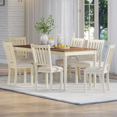 AMERLIFE 79" Rustic Farmhouse Dining Table with Solid Wood Top, Cream