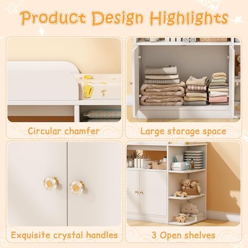Wanan Changing Table Dresser with Large Cabinet for Nursery, Wood, White