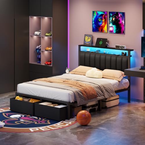 Furnulem Full Size Bed Frame with Storage Drawers and Upholstered Headboard
