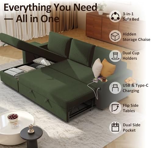 Ball & Cast 80" Sectional Sleeper Sofa Bed Pull Out Couches for Living Room