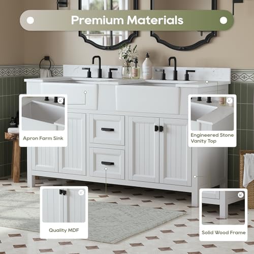 60 Inch Bathroom Vanity with Double Sink, White | Farmhouse Solid Wood Double Sink Bathroom Vanity with Soft Close Doors & Drawers, Apron Farm Sink, 0.78" Stone Top