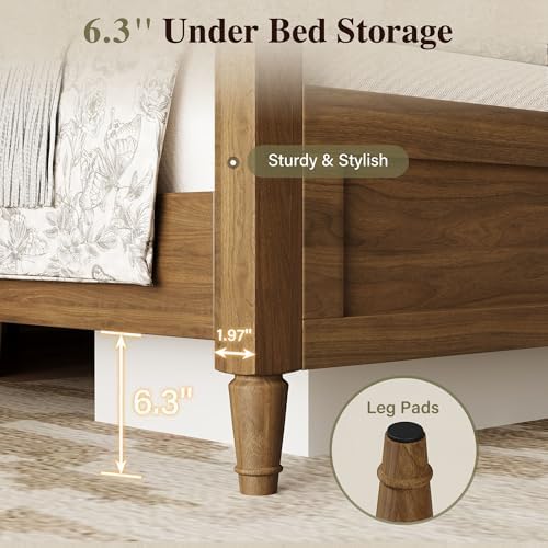 Belffin Wood Queen Size Bed Frame with Vintage Curved Headboard, Brown