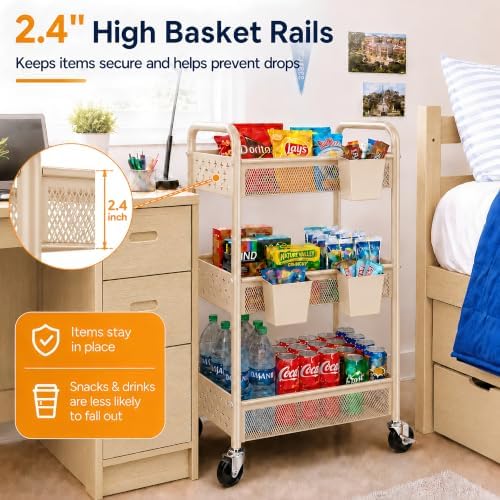 3 Tier Metal Rolling Cart, Beige Utility Storage Carts with Lockable Wheels, Three Tier Craft Cart Organizer for Baby Essentials, Diaper Caddy, Cleaning Supplies, Art Supply, Lash, Laundry Room, Book