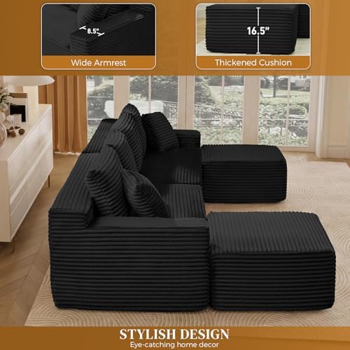 115" U Shaped Cloud Couch Modular Sectional Sofa, Comfy Fluffy Corduroy Black Boneless Sectional Couches for Living Room, Modern Cloud Sofas with Ottomans & Memory Foam, Black