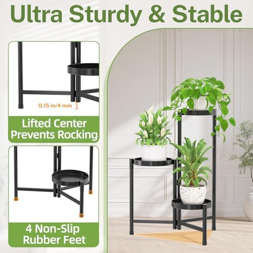 iDavosic.ly Plant Stand Indoor Outdoor, 3 Tier Metal Corner Shelf, Black