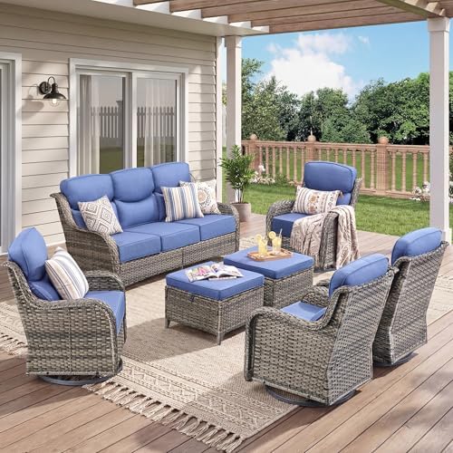 Luxury 7 Pieces Outdoor Patio Furniture Set-All Weather Wicker Outdoor Furniture with Swivel Rocker Patio Chairs 6-inch Extra Thick Cushions Wicker Conversation Set for Garden Porch(Grey/Blue)