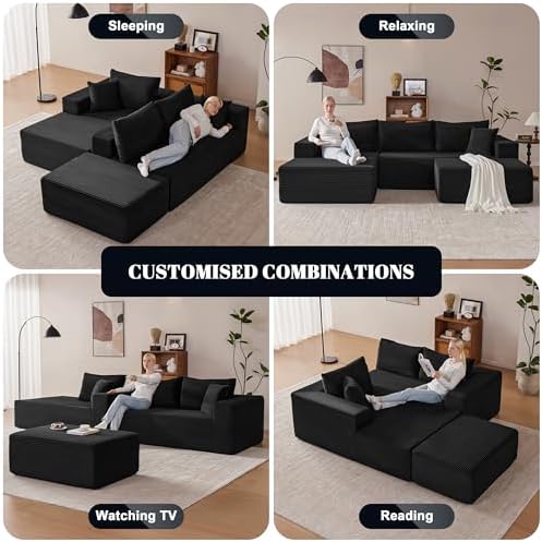 Mangodan 110” Cloud Sectional Couch, Modular Sectional Sofa with Deep Seat, Boneless Sofa for Living Room, Fluffy Comfy U-Shaped Couch with Left Facing Chaise, No Assembly Required, Black