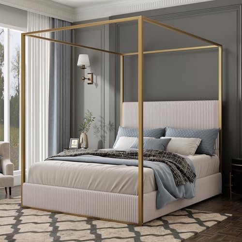 Merax Luxury Queen Metal Canopy Bed with Tall Upholstered Headboard, Beige