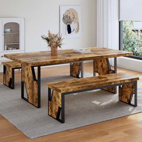 HIPIHOM 70.8" Wooden Dining Table with 2 Benches Kitchen Table and Chairs