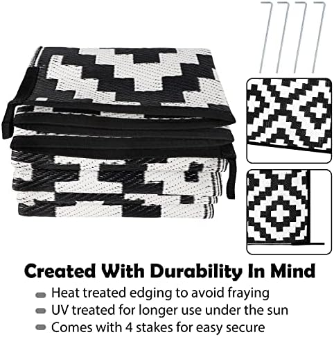 SAND MINE Waterproof Outdoor Rug 6x9 ft, Reversible Mats, Modern Area Rug, Large Floor Mat and Rug for Outdoors, RV, Patio, Backyard, Deck, Picnic, Beach, Trailer, Camping, Black & White Lattice