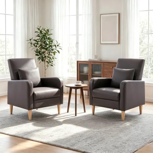 COLAMY Mid-Century Modern Accent Chairs Set of 2, Faux Leather Upholstered Living Room Chairs with Back Pillow & Solid Wood Legs, Comfy Armchair for Living Room, Bedroom, Single Sofa, Dark Brown