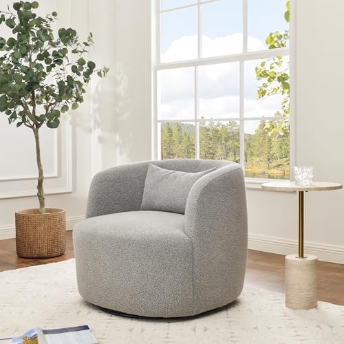 KINWELL 34" W Boucle Swivel Barrel Chair with Toss Pillow, Gray