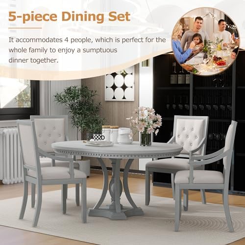 LUMISOL 5-Piece Solid Wood Dining Table Set for 4, Extendable Round Kitchen Table Set with 4 Upholstered Chairs, Farmhouse Table and Chairs Set for Kitchen, Dining Room, Antique Grey