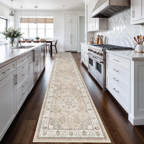 Hallway Washable Runner Rug - 2'6x14 Kitchen Rugs Entryway Rug Runner Vintage Soft Floor Mat Non Slip Indoor Farmhouse Carpet for Bathroom Living Room Bedroom (2'6''x14', Beige)