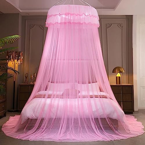Kertnic Mosquito Net Bed Canopy for Girls, Princess Canopy Bed Curtain Fine Sheer Mesh Dome Bed Canopies, Girls & Adults Lace Tent for Twin Full Queen King Bed (Pink)