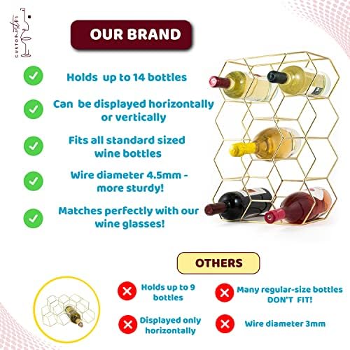 Gusto Nostro Countertop Wine Rack - 14 Bottle Freestanding Modern Gold Metal Small Wine Rack - 3 Tier Tabletop Wine Holder Stand for Cabinet, Pantry, Wine Bottle Storage - No Assembly Required