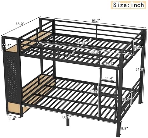 Bellemave Queen Over Queen Size Metal Bunk Bed with Storage Shelves and Drawers, Heavy Duty Bunk Beds with Clothes Hooks for Adults, Teens, Kids, Black