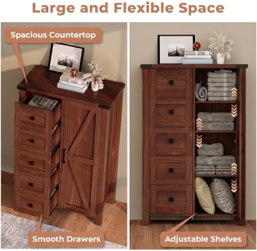 VVFLU Farmhouse 48 Inch Tall Dresser Chest of Drawer for Bedroom, 5 Drawer Storage Cabinet with Barn Door, Adjustable Shelves, Rustic, for Living Room, Entryway, Hallway, Cherry Wood