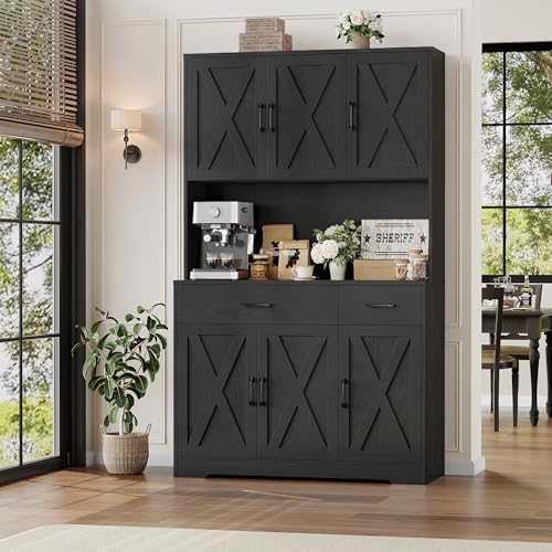 HOSTACK 71" H Kitchen Pantry Storage Cabinet,Farmhouse Hutch Cabinet, Black