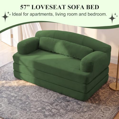 57” Convertible Sleeper Sofa Bed, Boneless Couch, Green