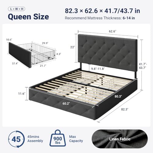 Allewie Queen Size Storage Bed Frame with 4 Underbed Drawers, Upholstered Platform Bed with Adjustable Headboard, Diamond Button Tufted, Easy Assembly, Noise-Free, No Box Spring Needed, Dark Grey