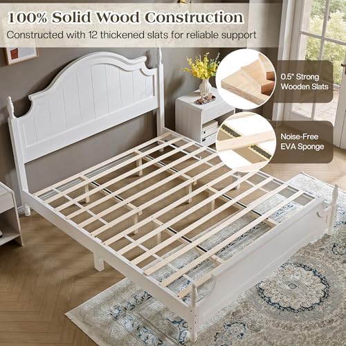 LUXOAK King Size Solid Wood Poster Bed, 55" Arched Headboard, White