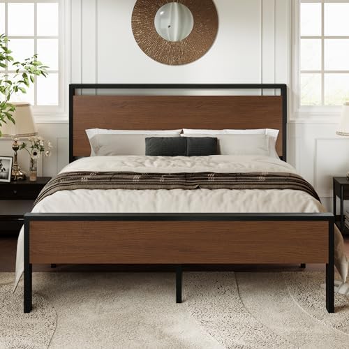 Allewie Full Size Bed Frame, Heavy Duty 12 Metal Slats Support, Walnut