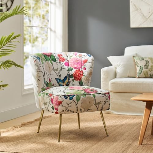 HULALA HOME Accent Chair with Golden Metal Legs, Comfy Tufted Wingback Living Room Chair Floral Fabric Small Armless Side Chair, Upholstered Slipper Chair for Bedroom, Reading Room Flower Print
