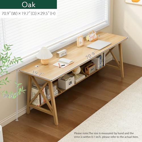 NELYE Extra Long Writing Desk with Bookshelf, 71" Wx20 Dx30 H, Oak