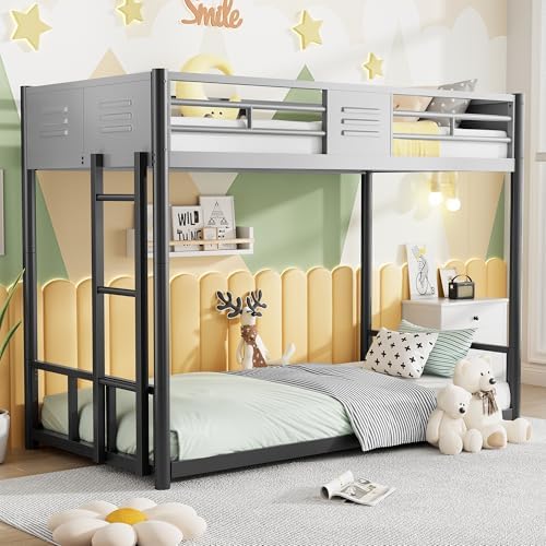 PVWIIK Twin Over Twin Bunk Bed with Vent Board & Noise Reduced Design,Metal Bunk Bed for Dorm,Bedroom,Guest Room,Easy to Assemble,Space Saving, Black