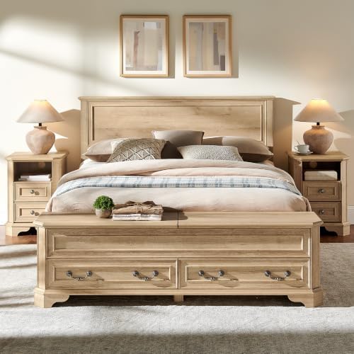 T4TREAM Farmhouse Queen Bed with Headboard and Storage Bench (Natural Oak)