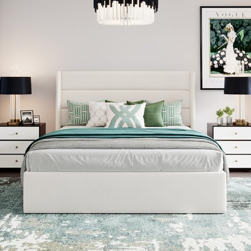 SHA CERLIN Full Size Lift Up Hydraulic Storage Bed Frame White