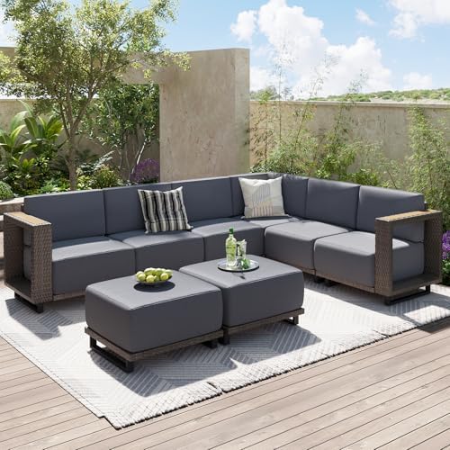 Aoxun Patio Furniture Set, 8 Piece Outdoor Sofa Set, Brown/Dark Gray