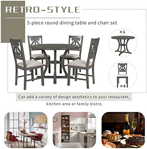 Harper & Bright Designs 5-Piece Round Dining Table and Chair Set, Round Dining Table with Shelf, Wood Dining Table Set for Family Dining Area
