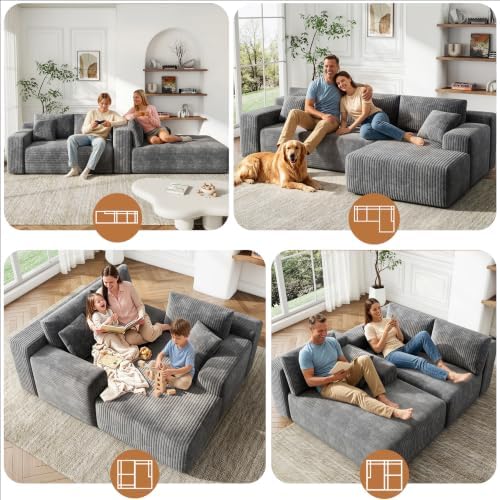 96" L-Cloud Sectional Boneless Couches for Living Room, Corduroy Fabric Modular Sectional Sofa with Chaise, Cloud-Couch Deep Seat Sofa, No Assembly Required, Gray