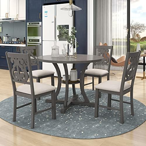 Harper & Bright Designs 5-Piece Round Dining Table and Chair Set, Round Dining Table with Shelf, Wood Dining Table Set for Family Dining Area