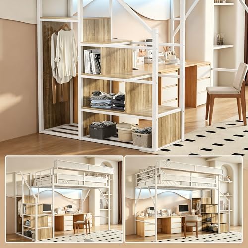 Full Size Metal Loft Bed with Storage Stairs, Wardrobe & Charging Station