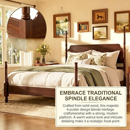 Vintage Wood Queen Bed Frame, Traditional Spindle Platform Bed with Tall Headboard, Dark Walnut Antique Style 4-Poster Design, Under Bed Storage, No Box Spring Needed (Dark Walnut, Queen)