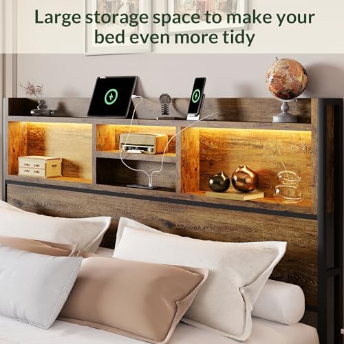 LARMACE Queen Size Bed Frame with 6 Storage Drawers and Headboard Wooden Platform Bed Frame with LED Lights and Charging Station Easy Assembly/No Box Spring Needed/Vintage Brown